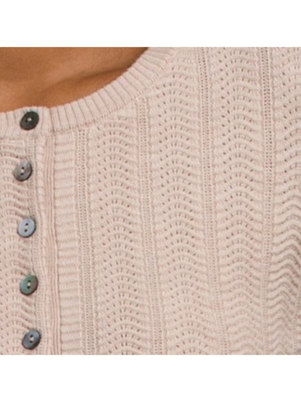ELIE TAHARI Wool Blend Long Sleeve Crew Neck Pointelle Button Down Cardigan - Picture 3 of 3